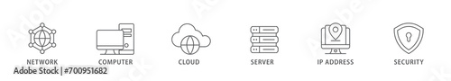Network technology banner web icon vector illustration concept with icon of network, computer, cloud, server, ip address and security