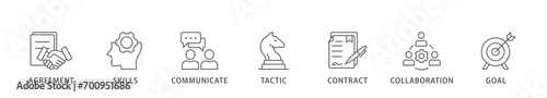 Negotiation banner web icon vector illustration concept for business deal agreement and collaboration with icon of skills, communicate, tactic, contract, and goal