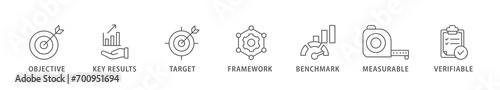 OKR banner web icon vector illustration concept for objectives and key results with icon of objective, key results, target, framework, benchmark, measurable, and verifiable