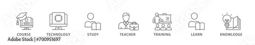 Online education banner web icon vector illustration concept with icon of course, technology, study, teacher, training, learn and knowledge