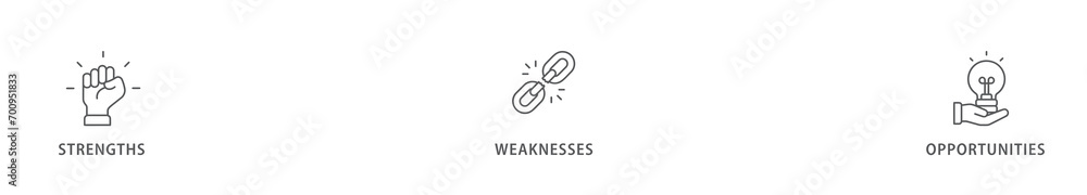 SWOT banner web icon vector illustration concept for strengths, weaknesses, threats, and opportunities analysis with an icon of value, goal, break chain, low battery, growth, check, minus, and crisis SWOT banner web icon vector illustration concept for strengths, weaknesses, threats, and opportunities analysis with an icon of value, goal, break chain, low battery, growth, check, minus, and crisis
