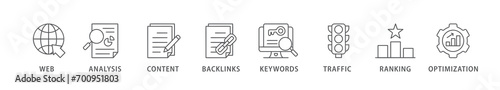 SEO banner web icon vector illustration concept for search engine optimization with icon of website, analysis, content, backlinks, keywords, traffic, ranking, and optimization