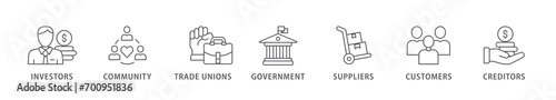 Stakeholder relationship banner web icon vector illustration concept for stakeholder, investor, government, and creditors with icon of community, trade unions, suppliers, and customers