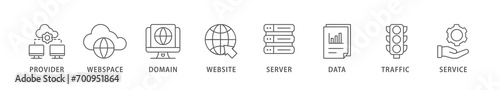 Web hosting banner web icon vector illustration concept with icon of provider, webspace, domain, website, server, data, traffic and service