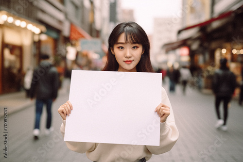 woman holding a blank sign at the street