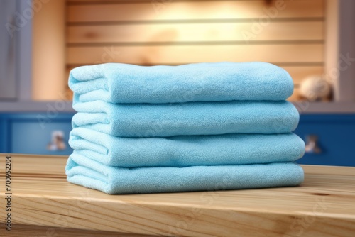 The stack of blue towels on wooden counter on a background of bathroom in blur
