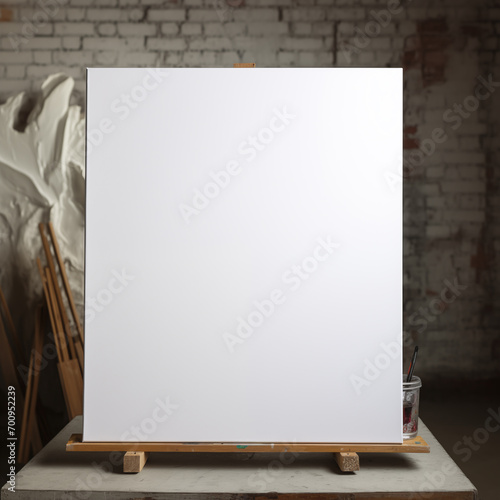 Mockup of blank white canvas on wood tripod easel display for painting with blurred indoor studio background. photo