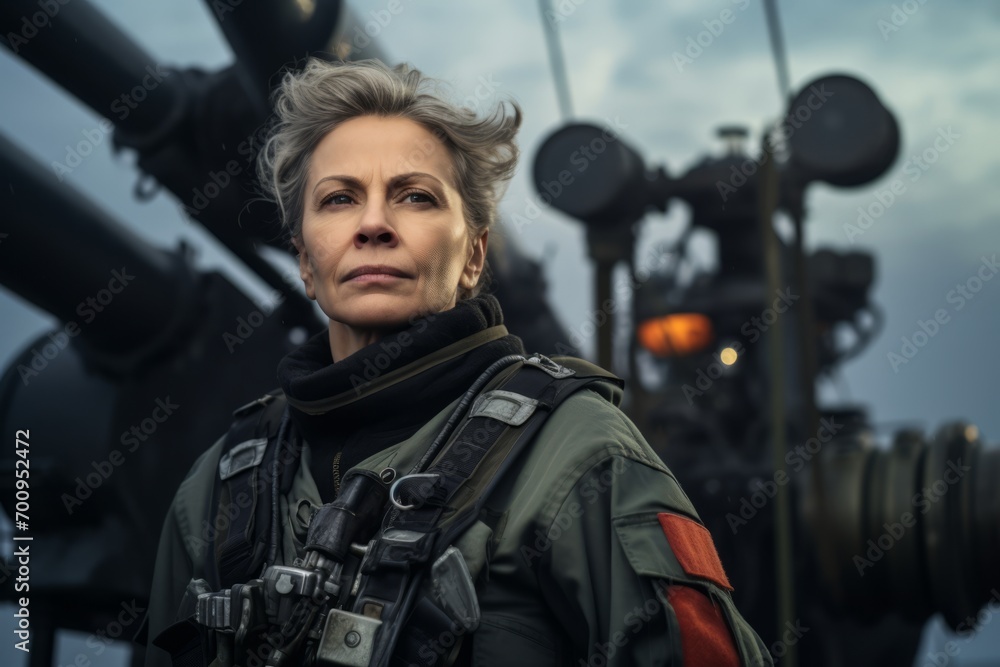 Portrait of a woman in a military uniform on the background of a military machine. Portrait of a woman in a military uniform on the background of a military machine.
