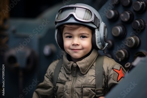 Portrait of a boy in a pilot's helmet on the background of equipment