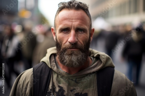 Handsome man with long beard and moustache in urban background