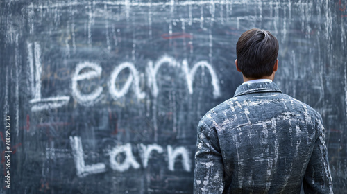 Back view of young man looking at chalkboard with text on it. Education concept