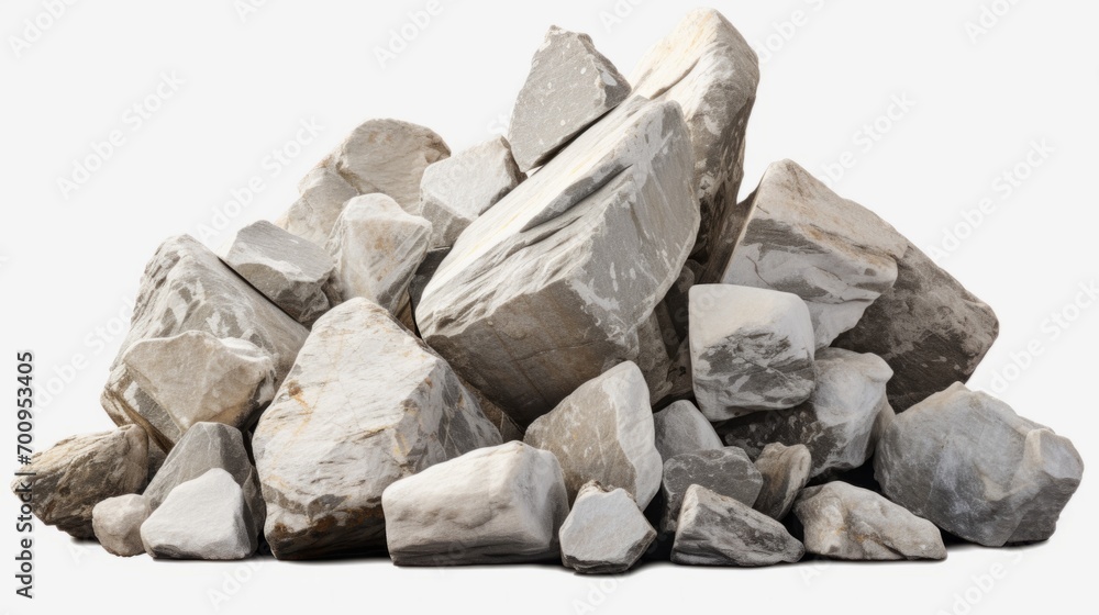 A pile of stones on a white background. Rocks piled up