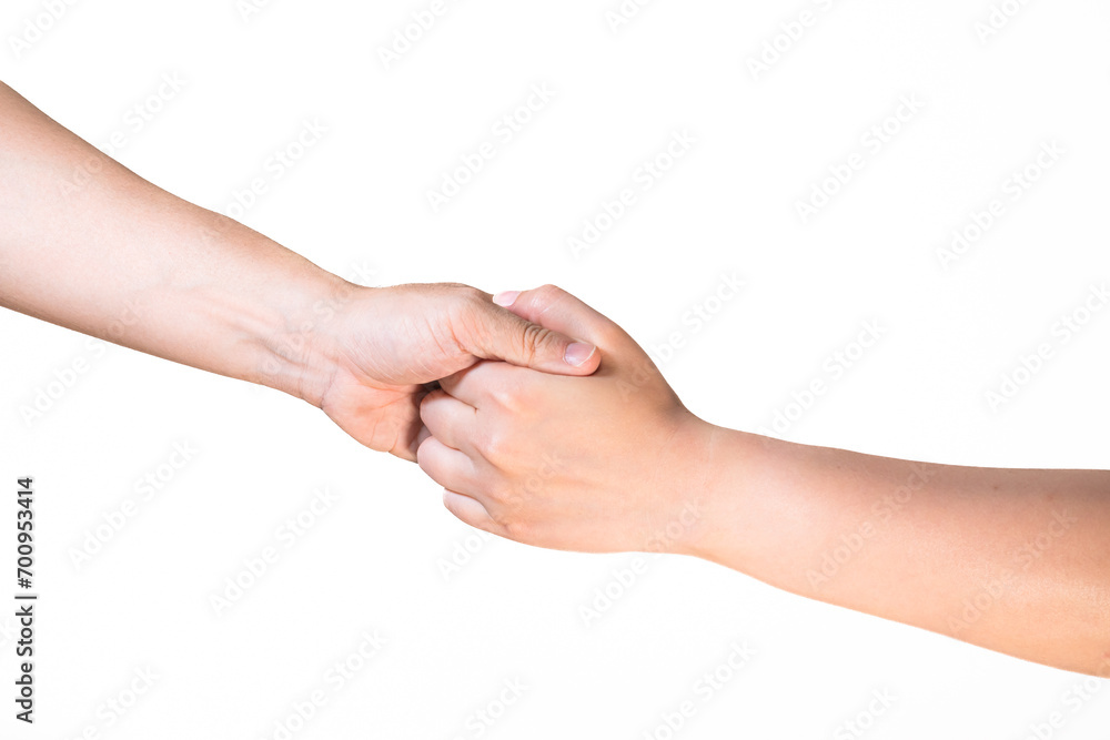 Two hands hold tightly together in different pose on isolated white background