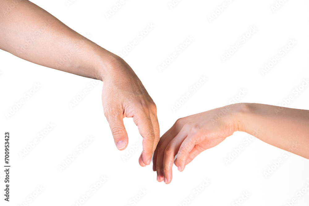 Closeup of female and male arms reaching each other hand isolated on white background