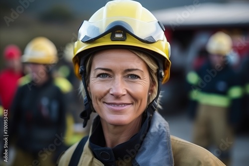 Portrait of a female firefighter smiling in front of a fire station