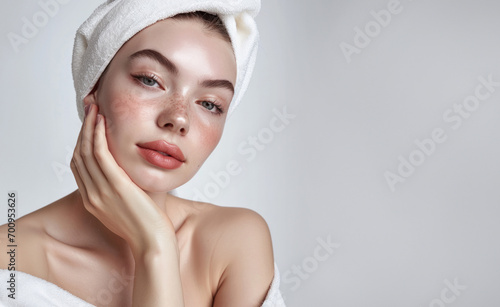 Young girl with cream applied to her face, skincare cosmetics with space for your text