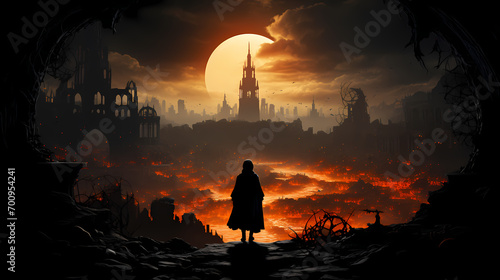 concept art of a survivor looking at a city engulfed in flames photo