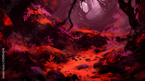 concept art of a crimson red forest