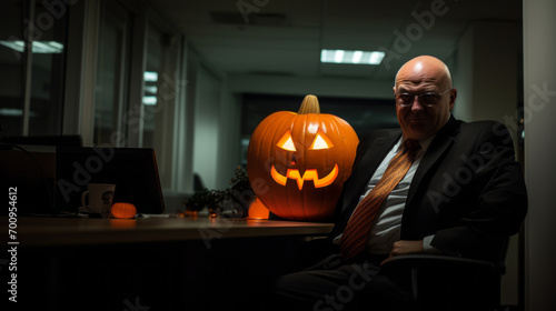 Glowing Halloween pumpkin at night with boss at office. Party, horror, fear
