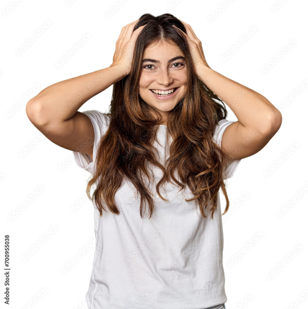 Young Caucasian woman in studio setting screaming, very excited, passionate, satisfied with something. Young Caucasian woman in studio setting screaming, very excited, passionate, satisfied with something.