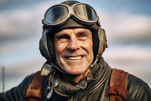 Portrait of a happy senior aviator in helmet and leather jacket.