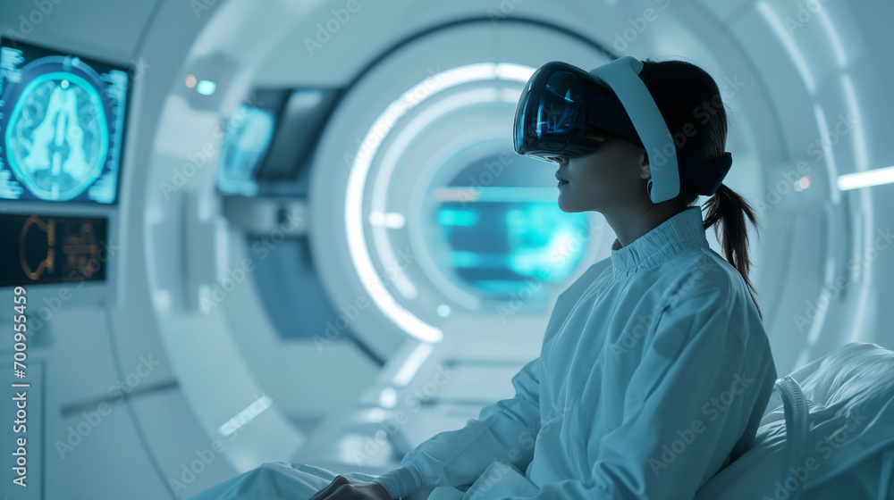 Frau mit VR Brille bei Untersuchung in futuristischem Krankenhaus /Hirnscan Frau mit VR Brille bei Untersuchung in futuristischem Krankenhaus /Hirnscan