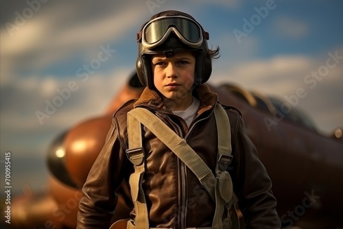 Portrait of a boy pilot with helmet and goggles on the background of an airplane