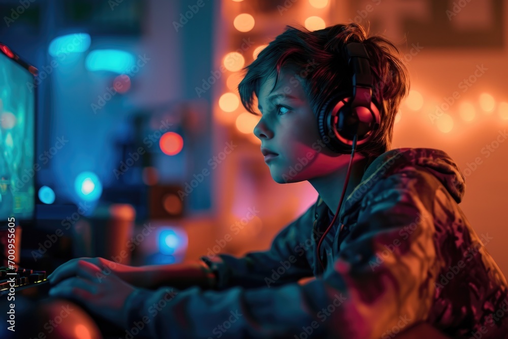 A person sitting in front of a computer wearing headphones. This image can be used to depict someone working, studying, or enjoying music or audio content A person sitting in front of a computer wearing headphones. This image can be used to depict someone working, studying, or enjoying music or audio content