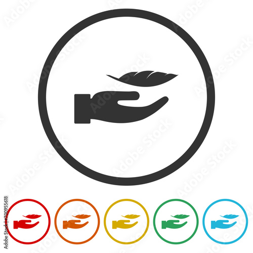 Lightweight Feather on Hand Silhouette icon. Set icons in color circle buttons