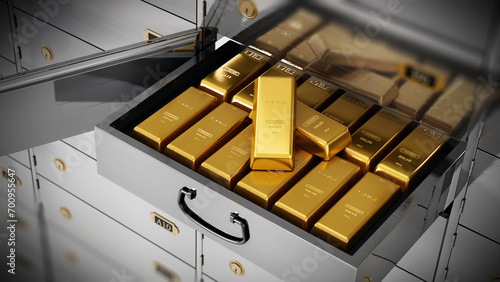 Gold ingots inside private bank deposit box. 3D illustration photo