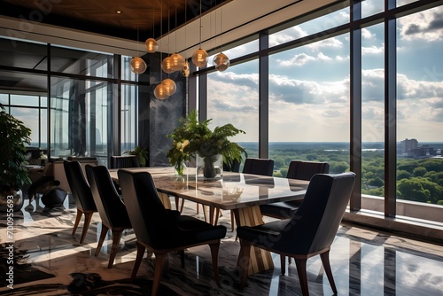 A luxurious dining room with floor-to-ceiling windows offering panoramic views, a marble dining table, and high-back leather chairs. © CREATER CENTER