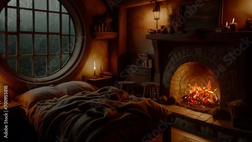 Cozy Hobbit House Ambience and Fireplace Environment Looping video. Rainy weather and raindrops hitting the window. photo