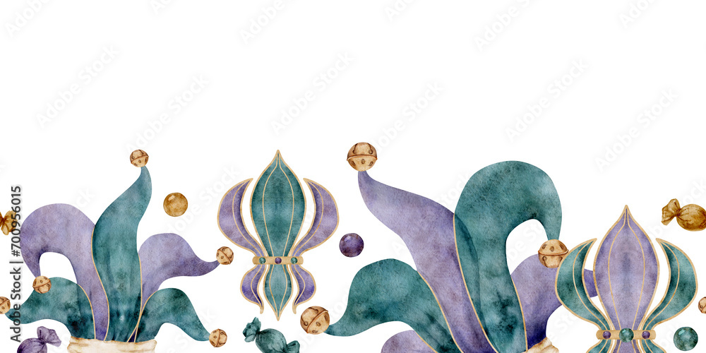 Hand drawn watercolor Mardi Gras carnival symbols. Jester fool hat, jingle bells, fleur de lis French lily iris beads. Seamless banner isolated on white background. Design party invitation, print shop - obrazy, fototapety, plakaty 