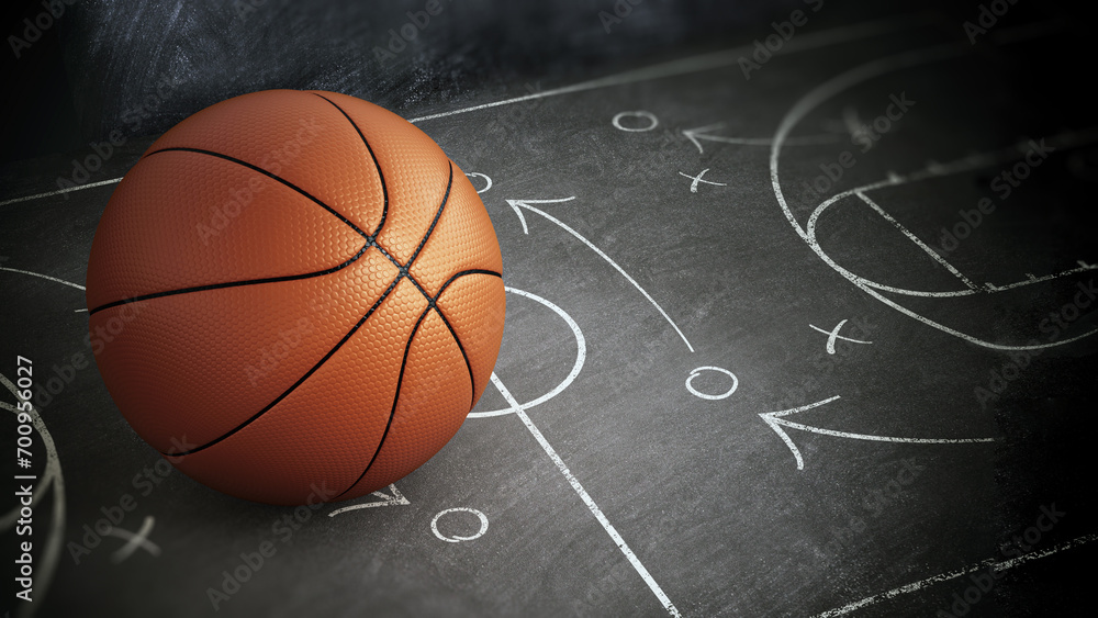 Basketball standing on game strategy blackboard. 3D illustration