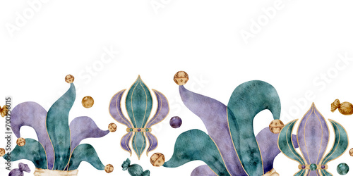 Hand drawn watercolor Mardi Gras carnival symbols. Jester fool hat, jingle bells, fleur de lis French lily iris beads. Seamless banner isolated on white background. Design party invitation, print shop photo