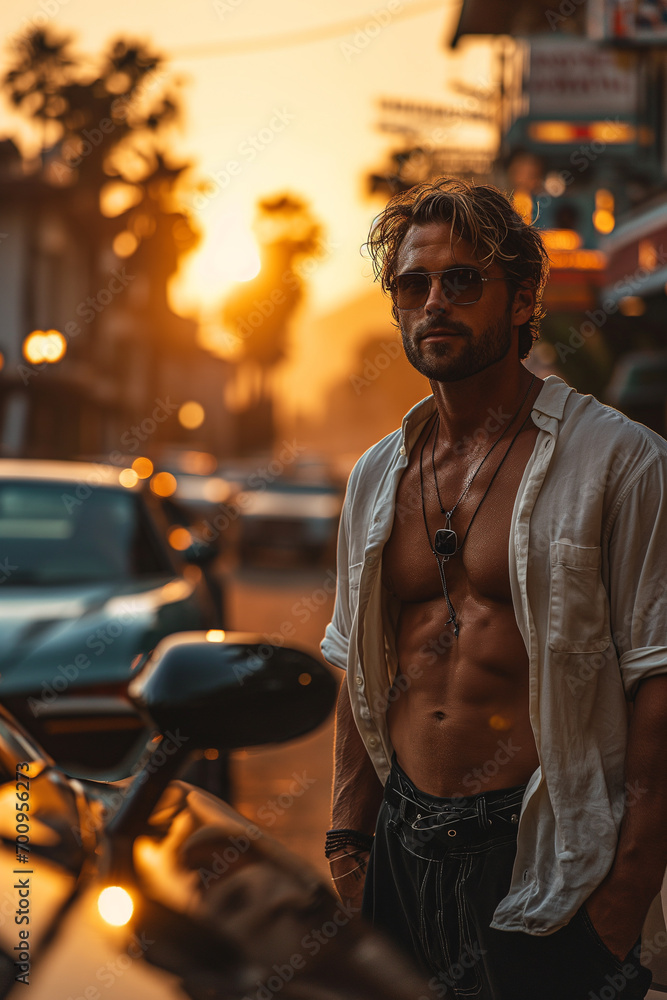 Sunset Stalwart: Portrait of Young, Attractive, Muscular Man in Dusk