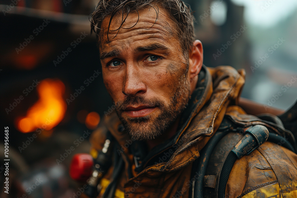 Brave Valor: Young, Attractive, Muscular Man in Firefighter's Heroic Attire Brave Valor: Young, Attractive, Muscular Man in Firefighter's Heroic Attire