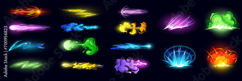 Magic cartoon effect VFX. Energy game comic animation. Neon burst. Bomb explosion. Laser beam. Light flash. Gun power. Magical spell. Blaster shot. Color ray. Garish fantasy UI elements vector set