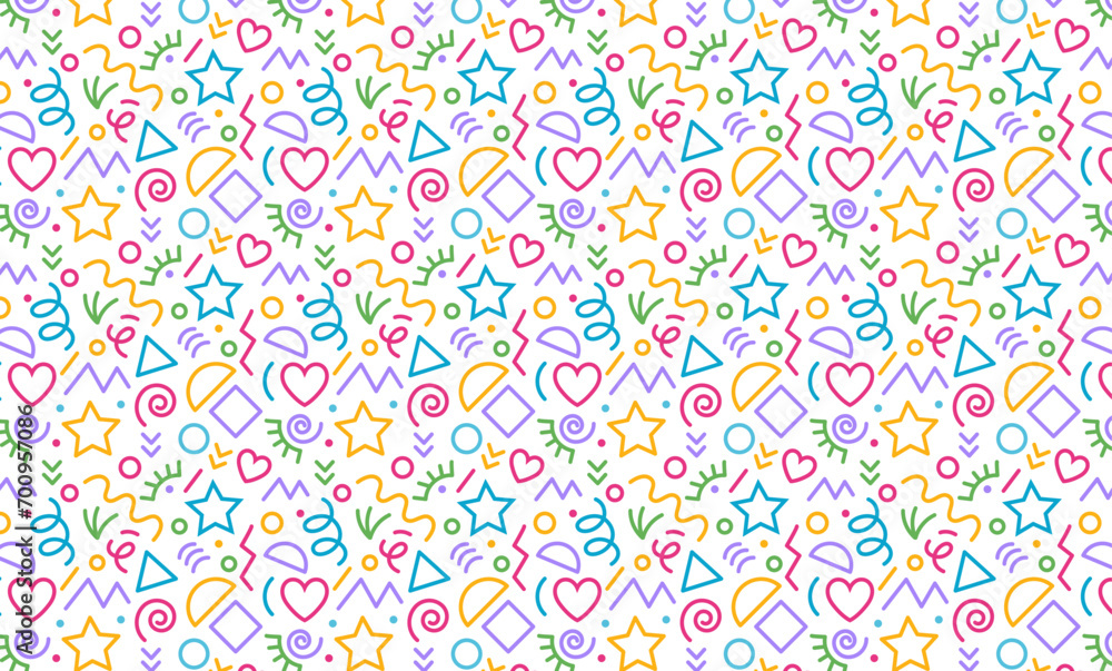 Color kids seamless pattern. Abstract fun line drawing. Childish party graphic. Cute squiggle icons. Cute doodle shapes. Scribble elements. Birthday celebrate. Repeated print. Vector tidy background Color kids seamless pattern. Abstract fun line drawing. Childish party graphic. Cute squiggle icons. Cute doodle shapes. Scribble elements. Birthday celebrate. Repeated print. Vector tidy background