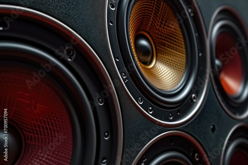 A close-up view of a bunch of speakers. This image can be used to illustrate sound systems, music events, or audio equipment.