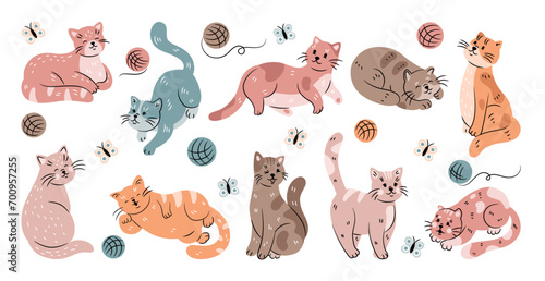 Fototapeta Naklejka Na Ścianę i Meble -  Cute cat. Cartoon character playing with thread balls and butterflies. Doodle pet drawing. Happy face. Fluffy paws. Kitten sleeping or hunting. Domestic animal poses set. tidy illustrations