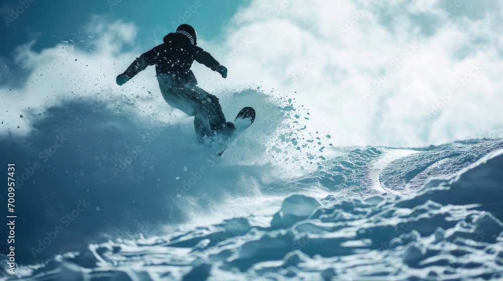 A man riding a snowboard down a snow covered slope. Perfect for winter sports enthusiasts and adventure seekers A man riding a snowboard down a snow covered slope. Perfect for winter sports enthusiasts and adventure seekers