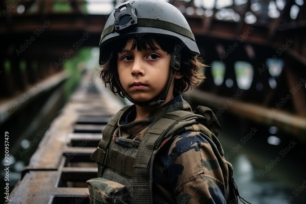 Portrait of a boy in a military uniform on the bridge. Portrait of a boy in a military uniform on the bridge.