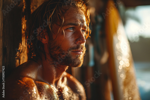 Surfside Strength: Young, Attractive, Muscular Man Poses with Surfboard