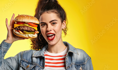 Happy loya girl bites a hamburger and laughs on yellow background street food concept photo