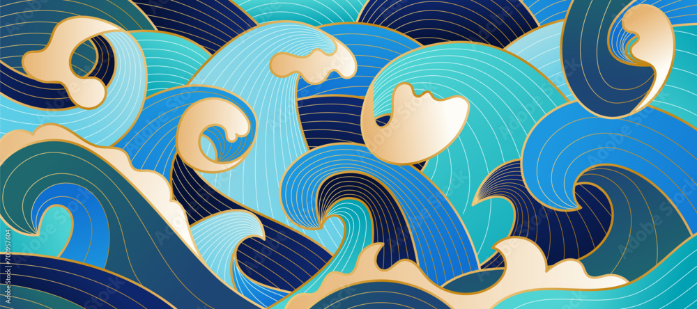 Wave background. Blue and gold line pattern. Luxury aqua ornament. Modern decoration. Premium geometric wallpaper. Golden sea splashes. Abstract artistic poster. Art Deco garish card vector design
