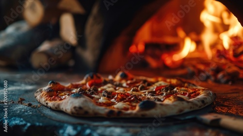 A pizza sits on top of a pan in front of a fire. Perfect for food and cooking concepts