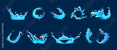 Water splash. Cartoon circle ocean. Spray drops. Fresh and clean liquid flow. Game UI icon. Magic VFX effect. Sea mineral swirl. Animation blue wave. Aqua ripple. Vector garish nature elements set