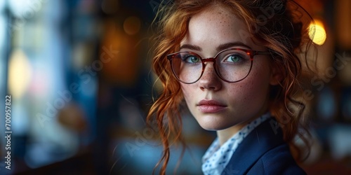 Red headed women woman with glasses, Ai generated