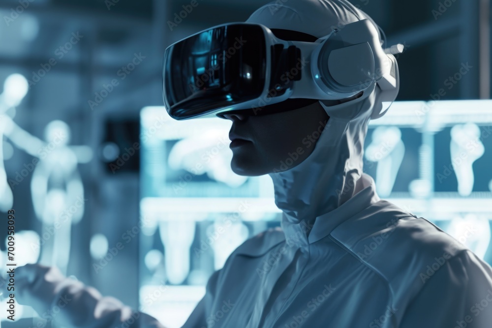 A woman wearing a white lab coat is immersed in a virtual reality experience using a headset A woman wearing a white lab coat is immersed in a virtual reality experience using a headset